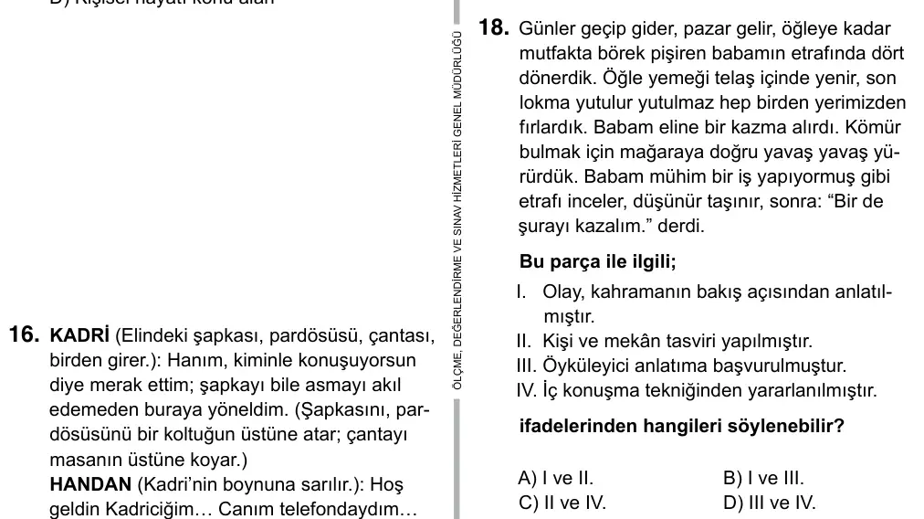 9, 10, 11. Sınıf Türk Dili ve Edebiyatı 2019 İOKBS Bursluluk Sınavı 18. Soru görseli