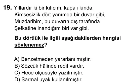 9, 10, 11. Sınıf Türk Dili ve Edebiyatı 2019 İOKBS Bursluluk Sınavı 19. Soru görseli