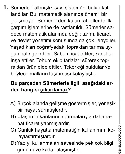 9, 10, 11. Sınıf Türk Dili ve Edebiyatı 2019 İOKBS Bursluluk Sınavı 1. Soru görseli
