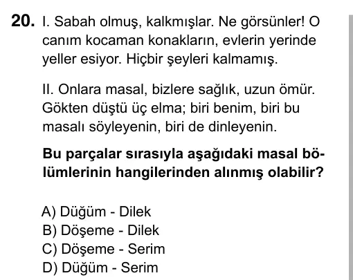 9, 10, 11. Sınıf Türk Dili ve Edebiyatı 2019 İOKBS Bursluluk Sınavı 20. Soru görseli