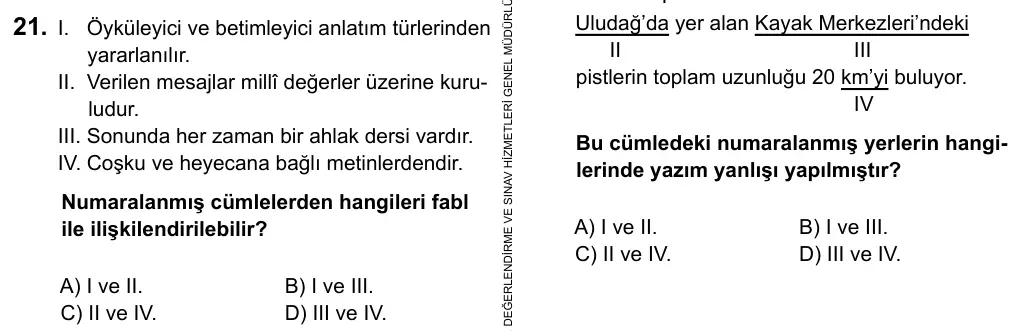 9, 10, 11. Sınıf Türk Dili ve Edebiyatı 2019 İOKBS Bursluluk Sınavı 21. Soru görseli
