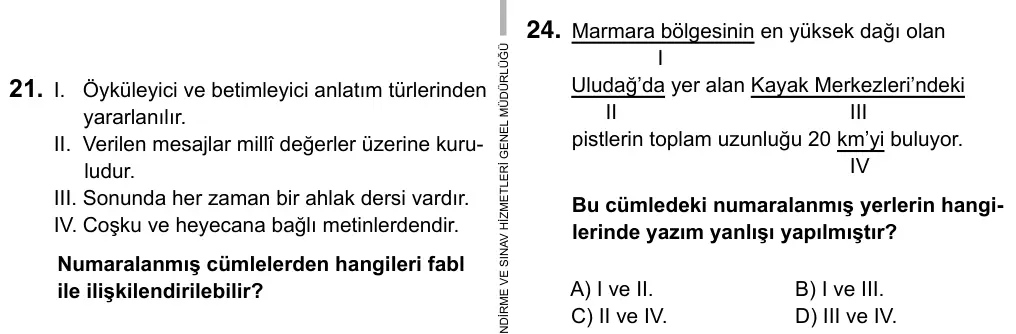 9, 10, 11. Sınıf Türk Dili ve Edebiyatı 2019 İOKBS Bursluluk Sınavı 24. Soru görseli