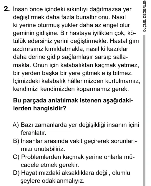 9, 10, 11. Sınıf Türk Dili ve Edebiyatı 2019 İOKBS Bursluluk Sınavı 2. Soru görseli