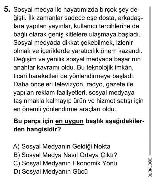 9, 10, 11. Sınıf Türk Dili ve Edebiyatı 2019 İOKBS Bursluluk Sınavı 5. Soru görseli