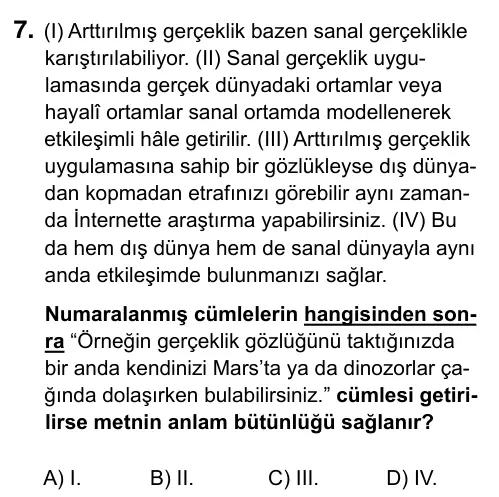 9, 10, 11. Sınıf Türk Dili ve Edebiyatı 2019 İOKBS Bursluluk Sınavı 7. Soru görseli
