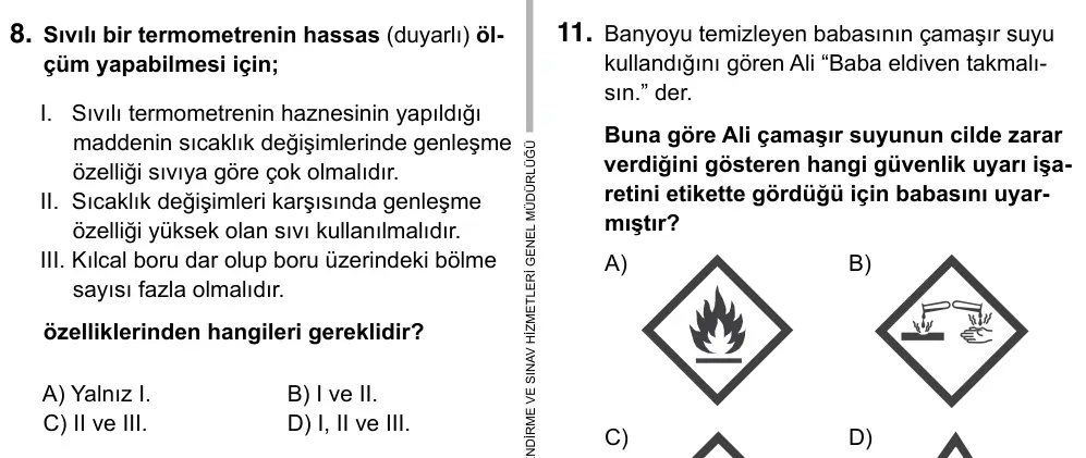 9, 10, 11. Sınıf Fen Bilimleri 2019 İOKBS Bursluluk Sınavı 11. Soru görseli