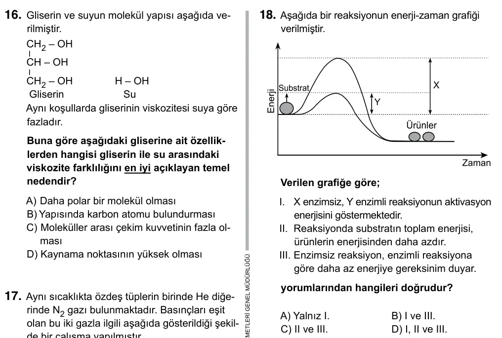 9, 10, 11. Sınıf Fen Bilimleri 2019 İOKBS Bursluluk Sınavı 18. Soru görseli