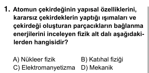 9, 10, 11. Sınıf Fen Bilimleri 2019 İOKBS Bursluluk Sınavı 1. Soru görseli