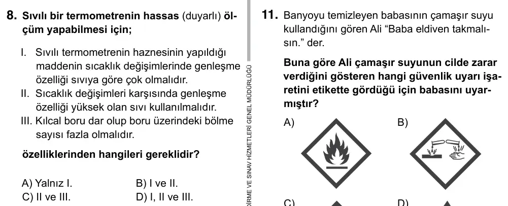 9, 10, 11. Sınıf Fen Bilimleri 2019 İOKBS Bursluluk Sınavı 8. Soru görseli