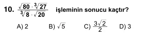 9, 10, 11. Sınıf Matematik 2019 İOKBS Bursluluk Sınavı 10. Soru görseli