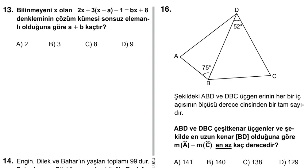 9, 10, 11. Sınıf Matematik 2019 İOKBS Bursluluk Sınavı 16. Soru görseli