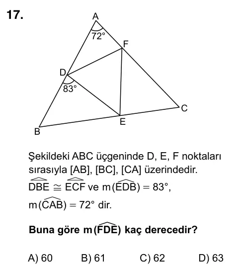 9, 10, 11. Sınıf Matematik 2019 İOKBS Bursluluk Sınavı 17. Soru görseli