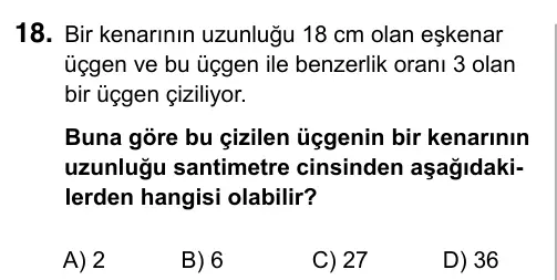 9, 10, 11. Sınıf Matematik 2019 İOKBS Bursluluk Sınavı 18. Soru görseli