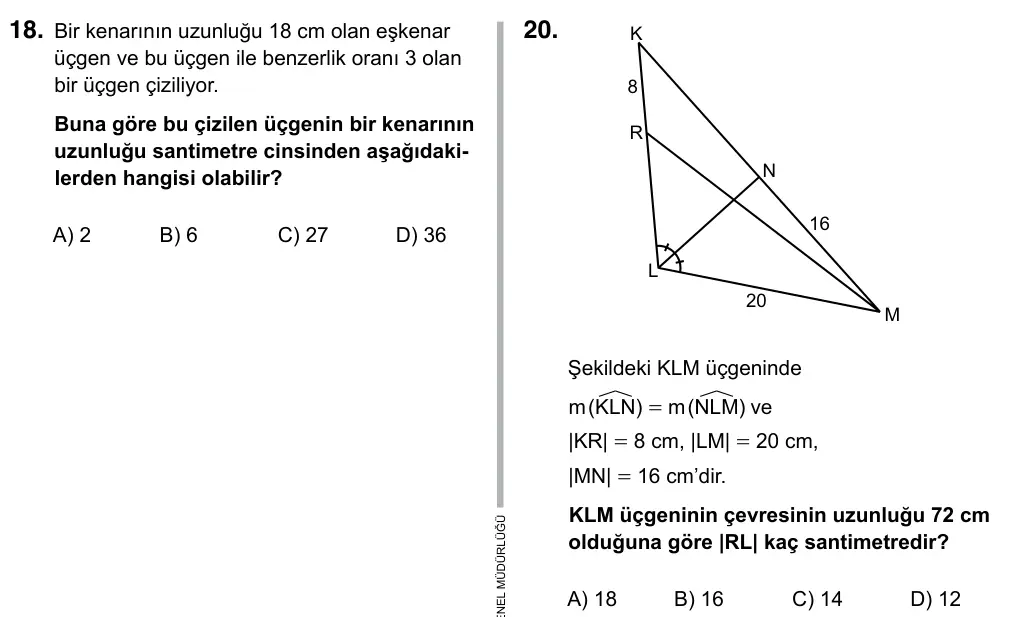 9, 10, 11. Sınıf Matematik 2019 İOKBS Bursluluk Sınavı 20. Soru görseli