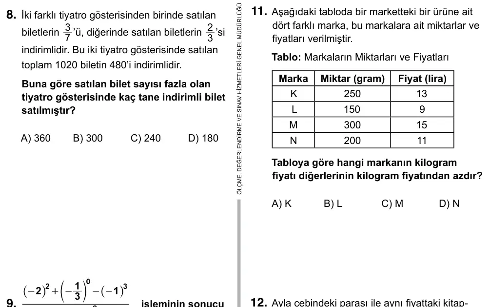 9, 10, 11. Sınıf Matematik 2019 İOKBS Bursluluk Sınavı 8. Soru görseli