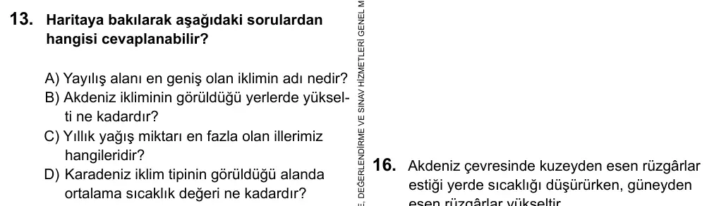 9, 10, 11. Sınıf Sosyal Bilgiler 2019 İOKBS Bursluluk Sınavı 13. Soru görseli