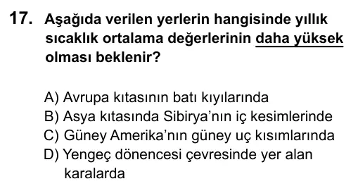 9, 10, 11. Sınıf Sosyal Bilgiler 2019 İOKBS Bursluluk Sınavı 17. Soru görseli