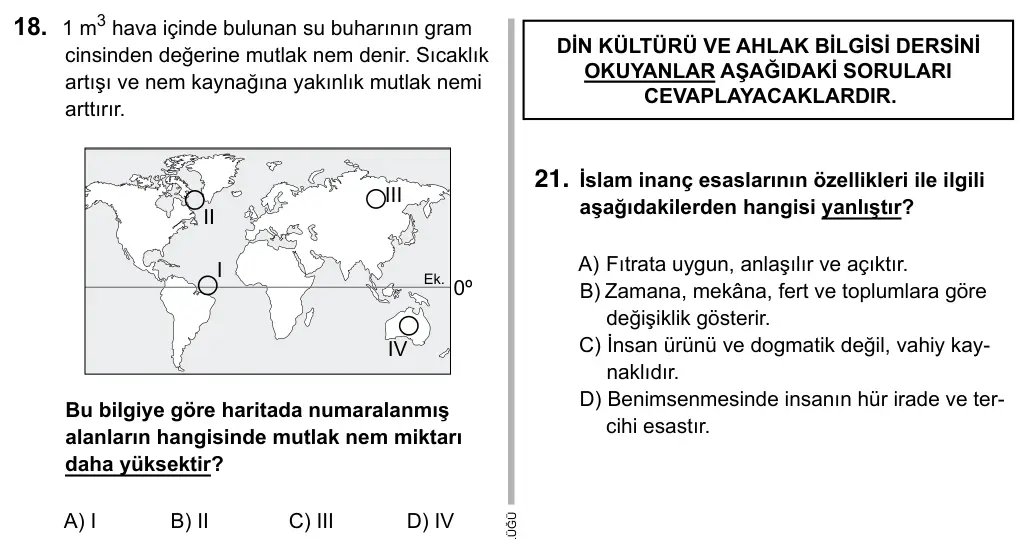 9, 10, 11. Sınıf Sosyal Bilgiler 2019 İOKBS Bursluluk Sınavı 18. Soru görseli