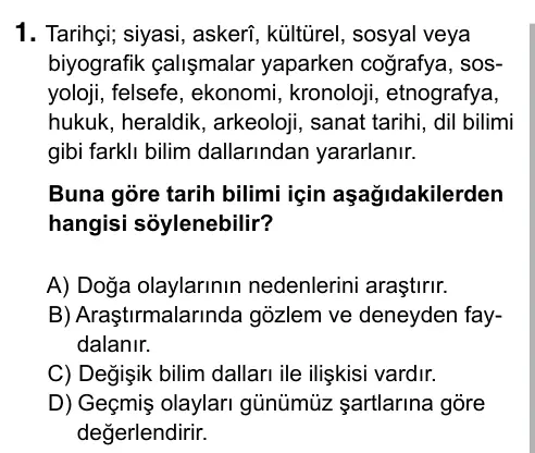 9, 10, 11. Sınıf Sosyal Bilgiler 2019 İOKBS Bursluluk Sınavı 1. Soru görseli