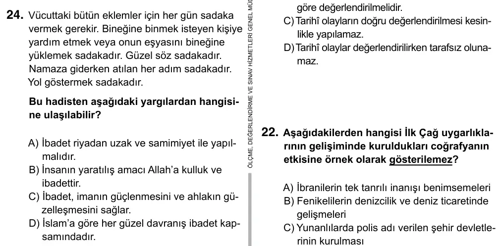 9, 10, 11. Sınıf Sosyal Bilgiler 2019 İOKBS Bursluluk Sınavı 24. Soru görseli