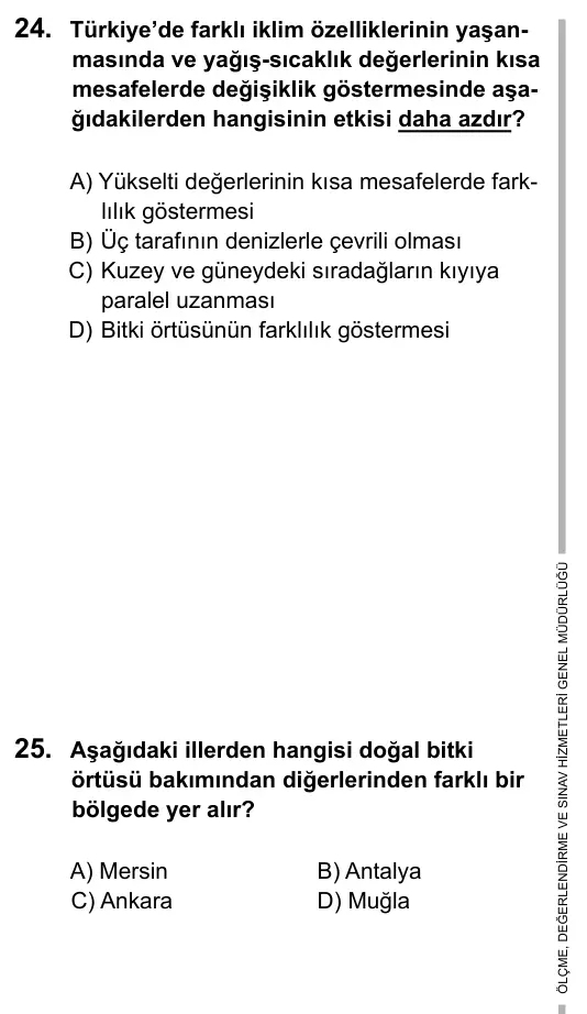 9, 10, 11. Sınıf Sosyal Bilgiler 2019 İOKBS Bursluluk Sınavı 25. Soru görseli (2/4)