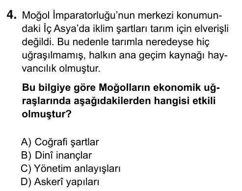 9, 10, 11. Sınıf Sosyal Bilgiler 2019 İOKBS Bursluluk Sınavı 4. Soru görseli