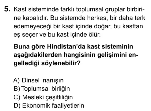 9, 10, 11. Sınıf Sosyal Bilgiler 2019 İOKBS Bursluluk Sınavı 5. Soru görseli