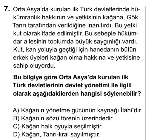 9, 10, 11. Sınıf Sosyal Bilgiler 2019 İOKBS Bursluluk Sınavı 7. Soru görseli