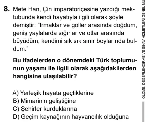 9, 10, 11. Sınıf Sosyal Bilgiler 2019 İOKBS Bursluluk Sınavı 8. Soru görseli