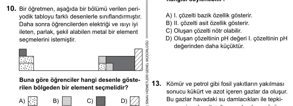 Hazırlık Sınıfı Fen Bilimleri 2019 İOKBS Bursluluk Sınavı 10. Soru görseli