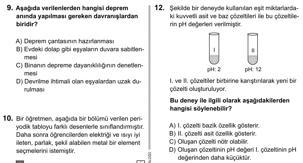 Hazırlık Sınıfı Fen Bilimleri 2019 İOKBS Bursluluk Sınavı 12. Soru görseli