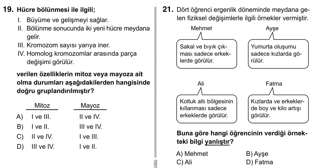 Hazırlık Sınıfı Fen Bilimleri 2019 İOKBS Bursluluk Sınavı 21. Soru görseli
