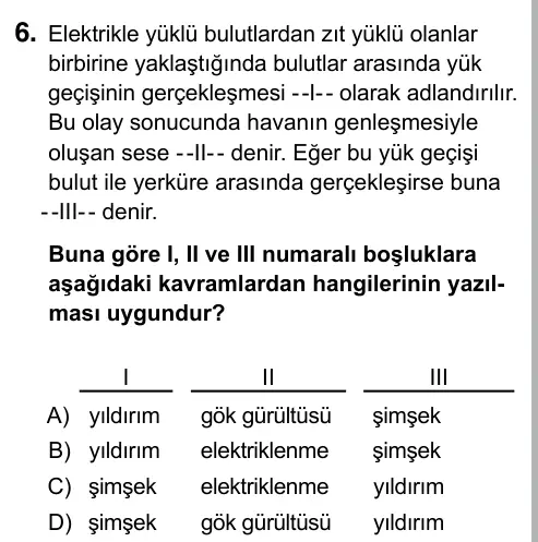 Hazırlık Sınıfı Fen Bilimleri 2019 İOKBS Bursluluk Sınavı 6. Soru görseli