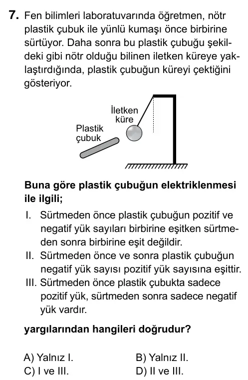 Hazırlık Sınıfı Fen Bilimleri 2019 İOKBS Bursluluk Sınavı 7. Soru görseli
