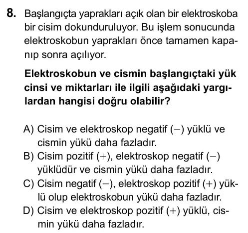 Hazırlık Sınıfı Fen Bilimleri 2019 İOKBS Bursluluk Sınavı 8. Soru görseli