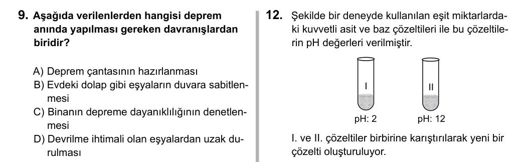 Hazırlık Sınıfı Fen Bilimleri 2019 İOKBS Bursluluk Sınavı 9. Soru görseli