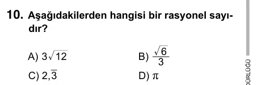 Hazırlık Sınıfı Matematik 2019 İOKBS Bursluluk Sınavı 10. Soru görseli