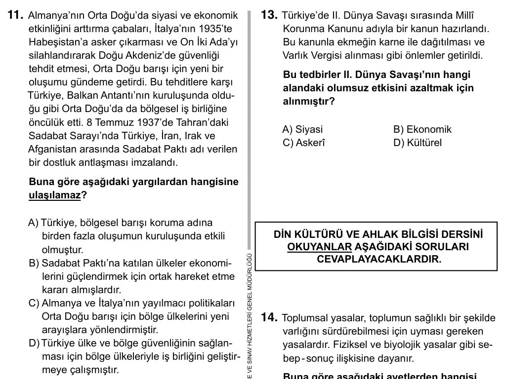 Hazırlık Sınıfı Sosyal Bilgiler 2019 İOKBS Bursluluk Sınavı 11. Soru görseli