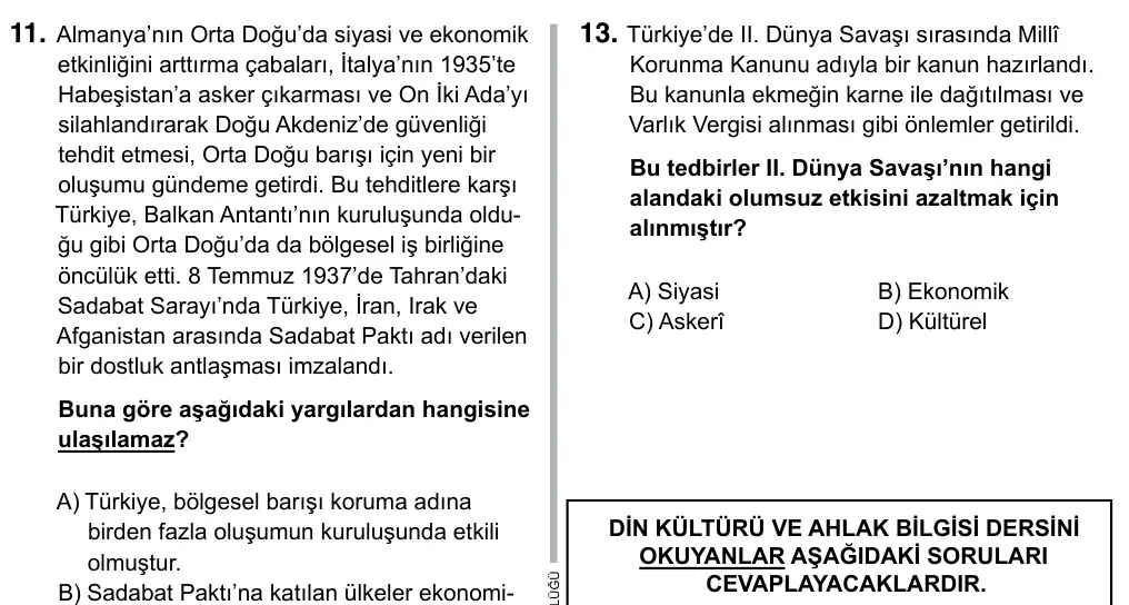 Hazırlık Sınıfı Sosyal Bilgiler 2019 İOKBS Bursluluk Sınavı 13. Soru görseli