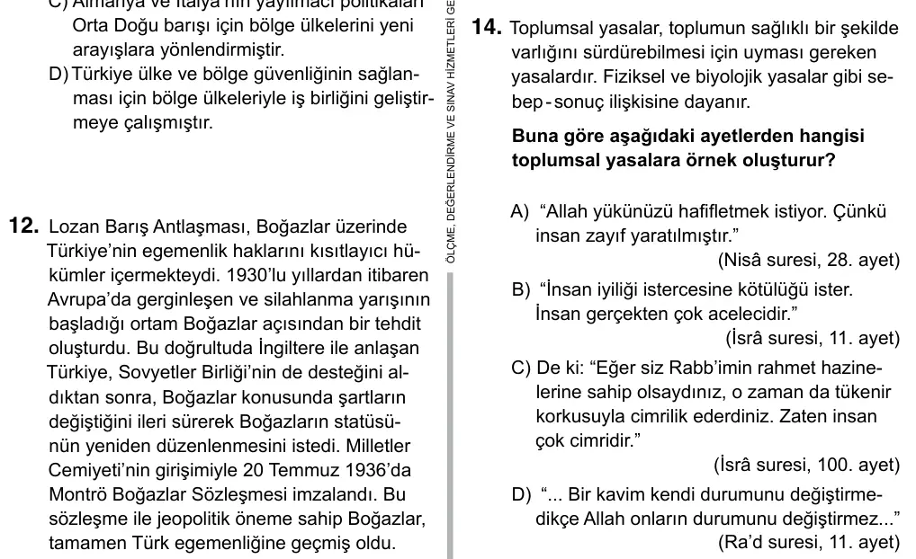 Hazırlık Sınıfı Sosyal Bilgiler 2019 İOKBS Bursluluk Sınavı 14. Soru görseli