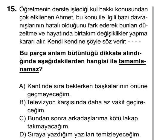 Hazırlık Sınıfı Sosyal Bilgiler 2019 İOKBS Bursluluk Sınavı 15. Soru görseli