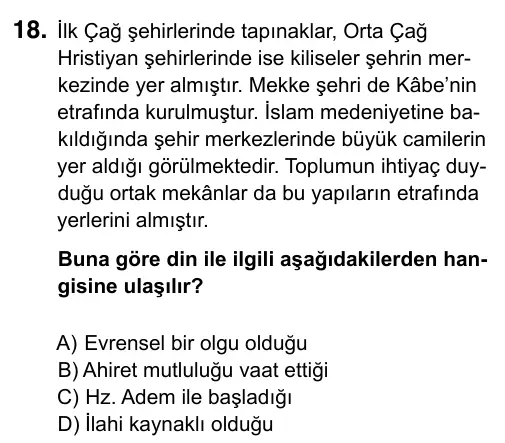 Hazırlık Sınıfı Sosyal Bilgiler 2019 İOKBS Bursluluk Sınavı 18. Soru görseli