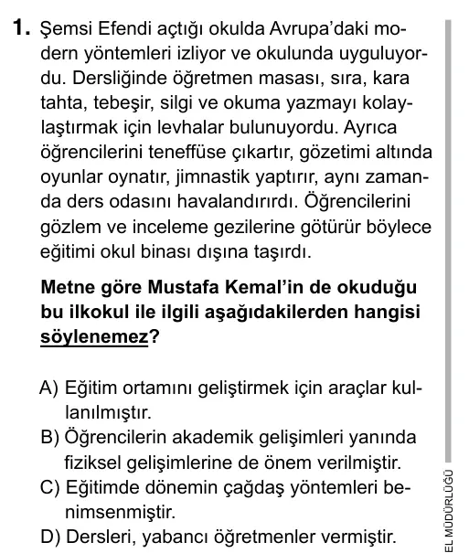 Hazırlık Sınıfı Sosyal Bilgiler 2019 İOKBS Bursluluk Sınavı 1. Soru görseli