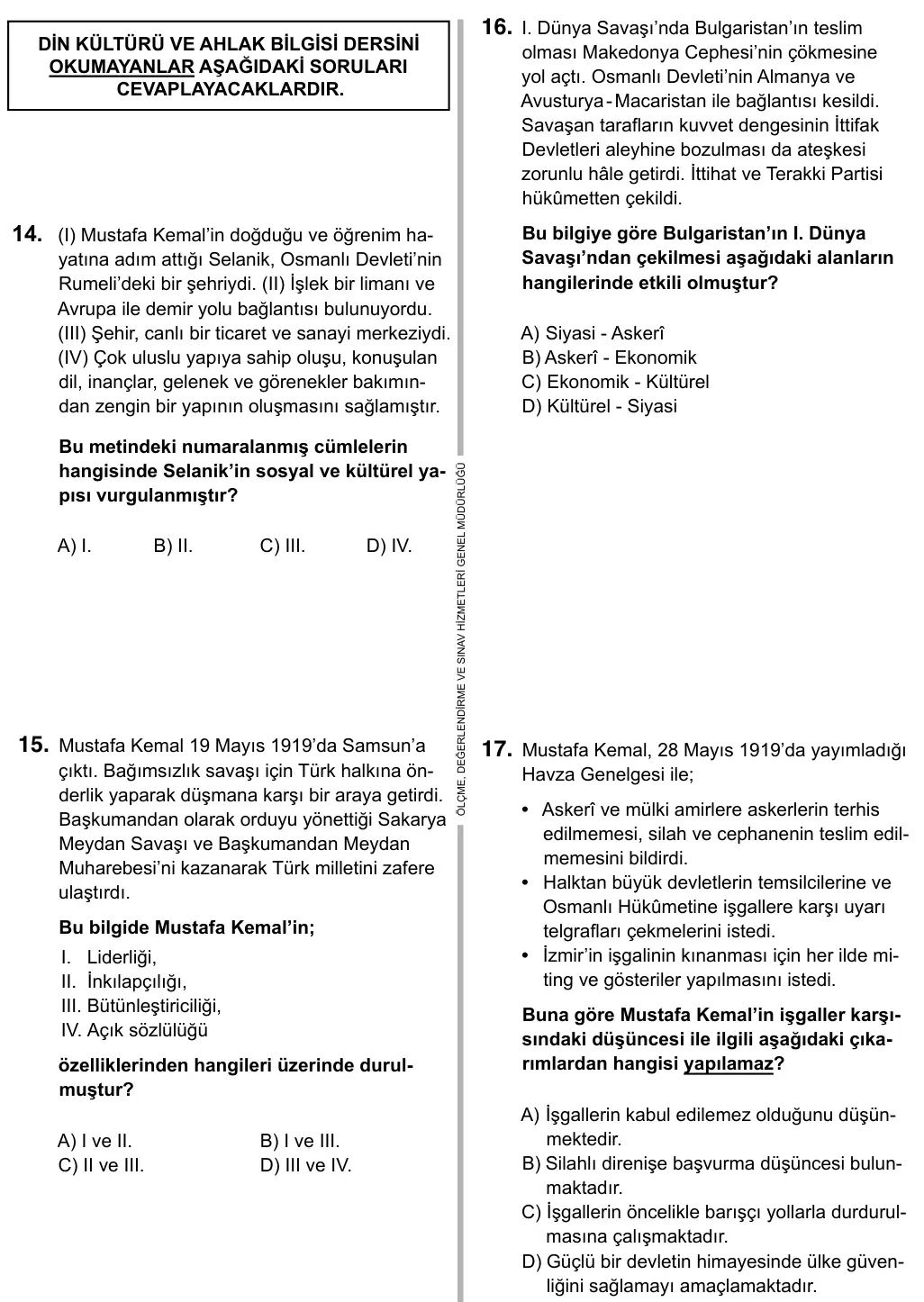 Hazırlık Sınıfı Sosyal Bilgiler 2019 İOKBS Bursluluk Sınavı 25. Soru görseli (2/5)