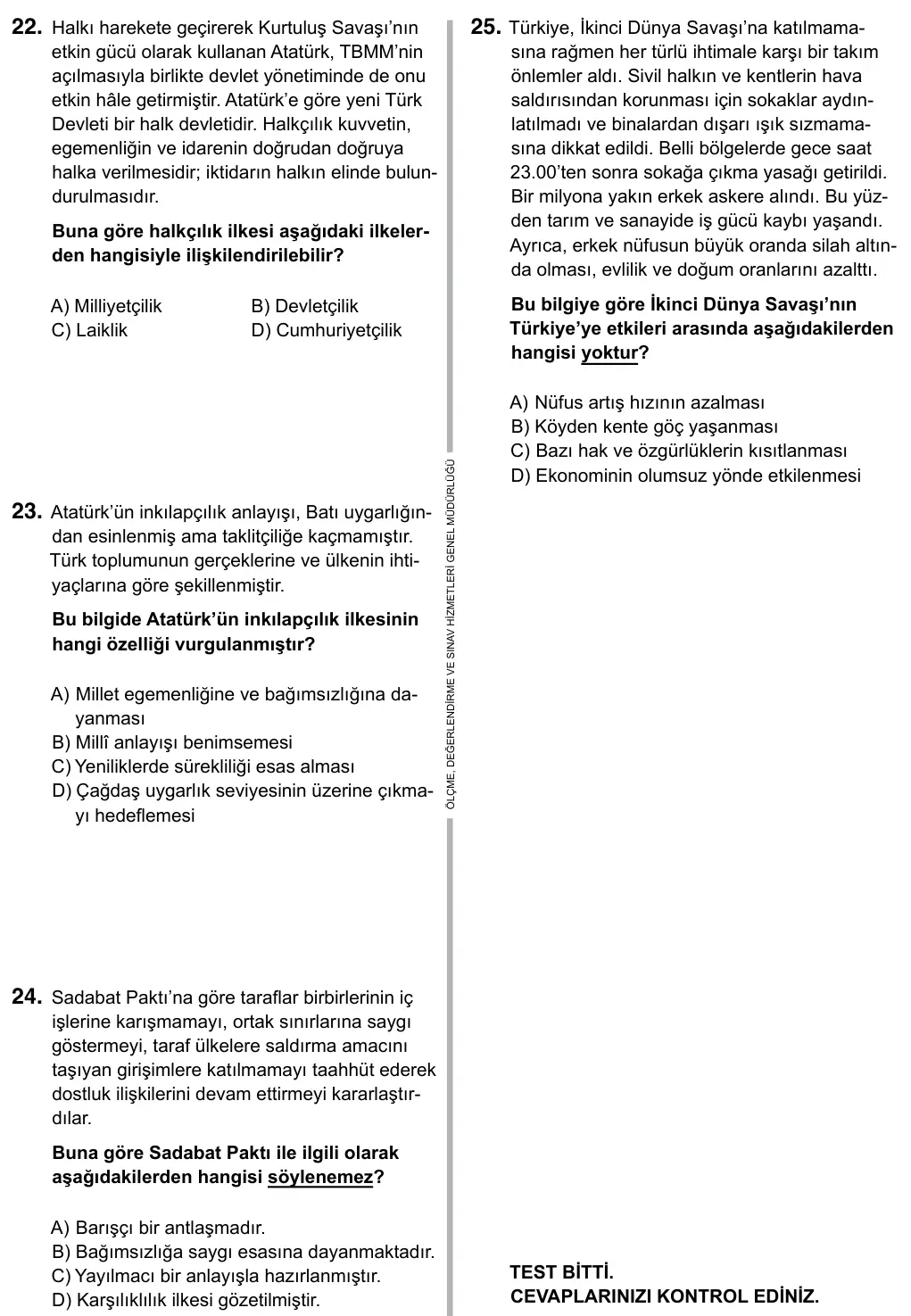 Hazırlık Sınıfı Sosyal Bilgiler 2019 İOKBS Bursluluk Sınavı 25. Soru görseli (4/5)