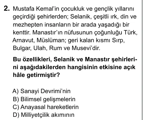 Hazırlık Sınıfı Sosyal Bilgiler 2019 İOKBS Bursluluk Sınavı 2. Soru görseli
