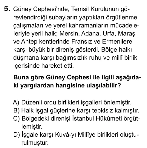Hazırlık Sınıfı Sosyal Bilgiler 2019 İOKBS Bursluluk Sınavı 5. Soru görseli