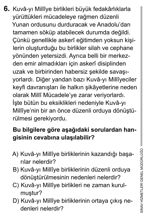 Hazırlık Sınıfı Sosyal Bilgiler 2019 İOKBS Bursluluk Sınavı 6. Soru görseli