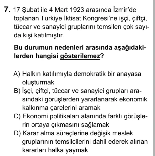 Hazırlık Sınıfı Sosyal Bilgiler 2019 İOKBS Bursluluk Sınavı 7. Soru görseli