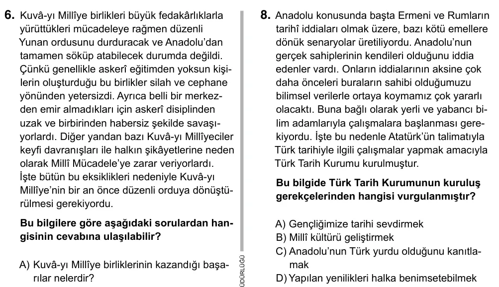 Hazırlık Sınıfı Sosyal Bilgiler 2019 İOKBS Bursluluk Sınavı 8. Soru görseli